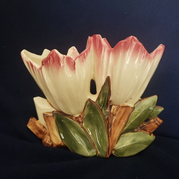 Rare McCoy Double Tulip Crocus Art Pottery Vase White Dark Pink USA - Picture 3 of 8